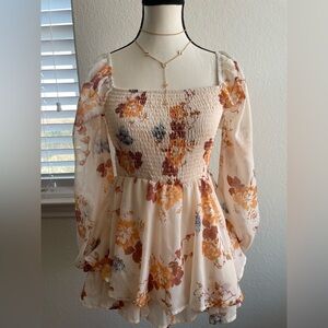 Floral Long Sleeve Romper Dress - Cream and Orange